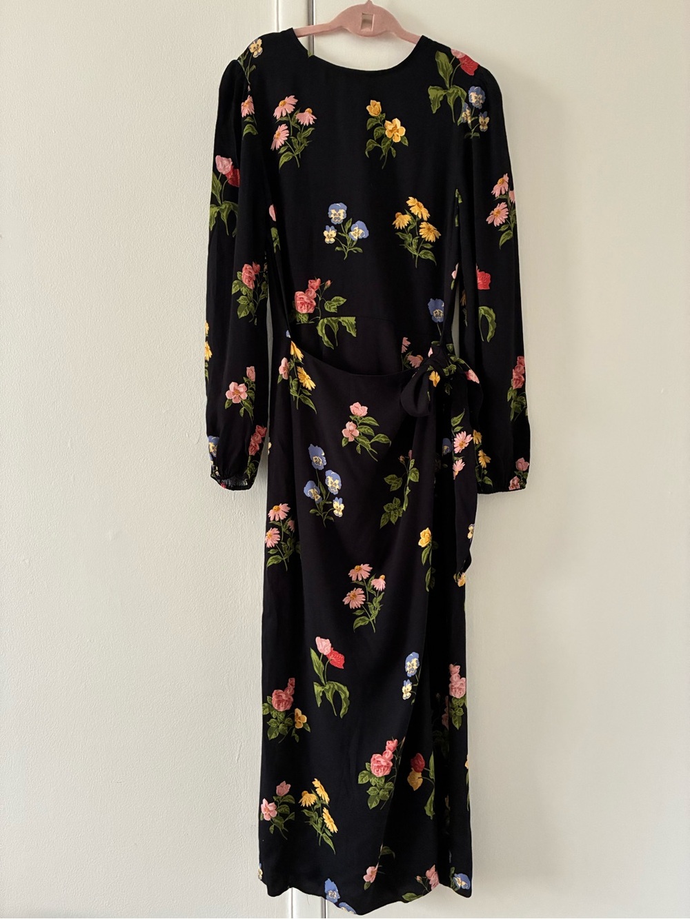 Reformation Black Floral Wrap Midi Dress